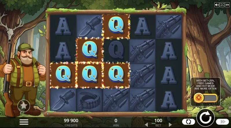 Hunt the Bucks - écran de jeu principal 5x4 avec animaux forestiers et symboles Coin